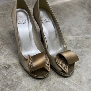 Stuart Weitzman Gold Bow Peep-Toe Heels